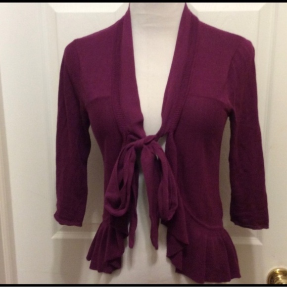 Anthropologie Guinevere Plum Ruffle Cardigan with Bow Tie Closure - Picture 2 of 4